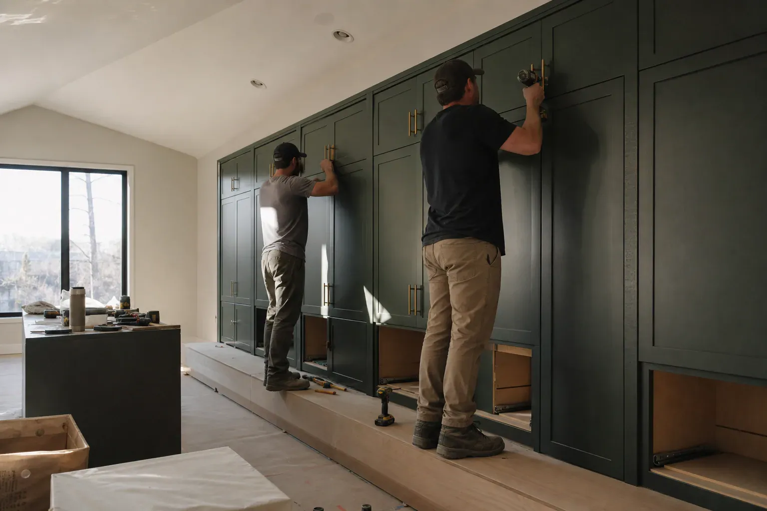 Cabinet hardware installation — a two-person crew working a tall wall from a low platform in a vaulted room