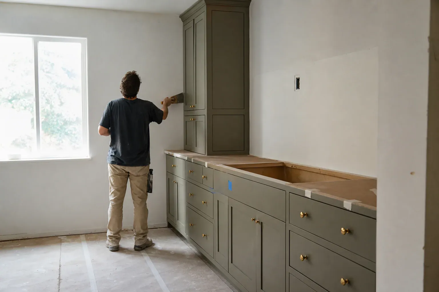 Cabinet refinishing service — a tradesperson seen from behind smoothing a long wall seam