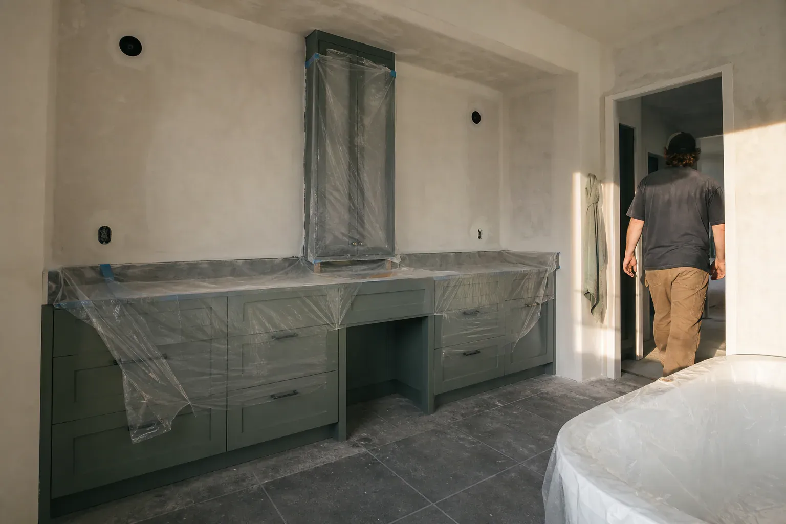 Custom bathroom cabinets — a rebuilt kitchen wall section blended into the surrounding surface