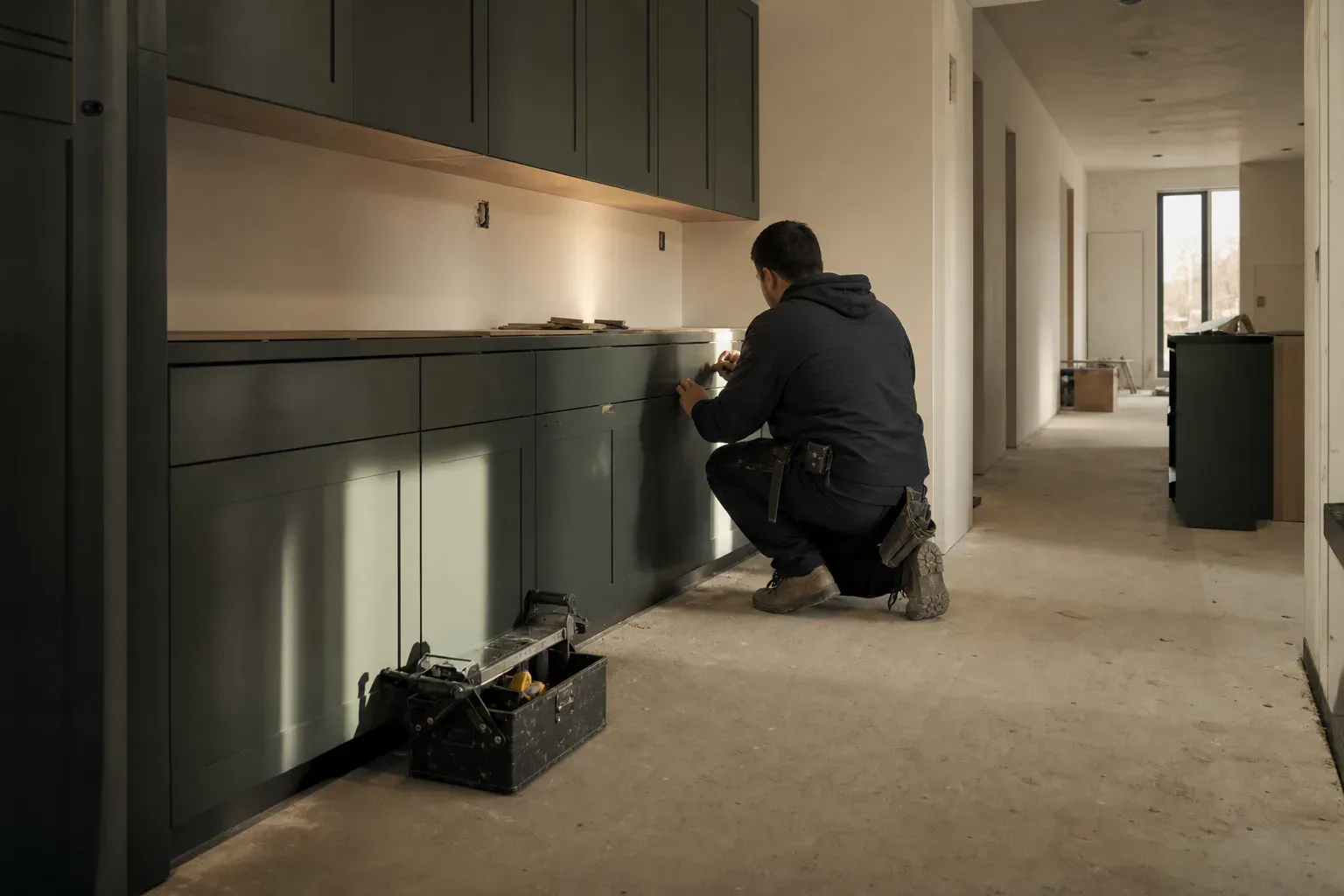 Custom cabinet maker — low sun raking down a hallway to show how flat the finished surface is