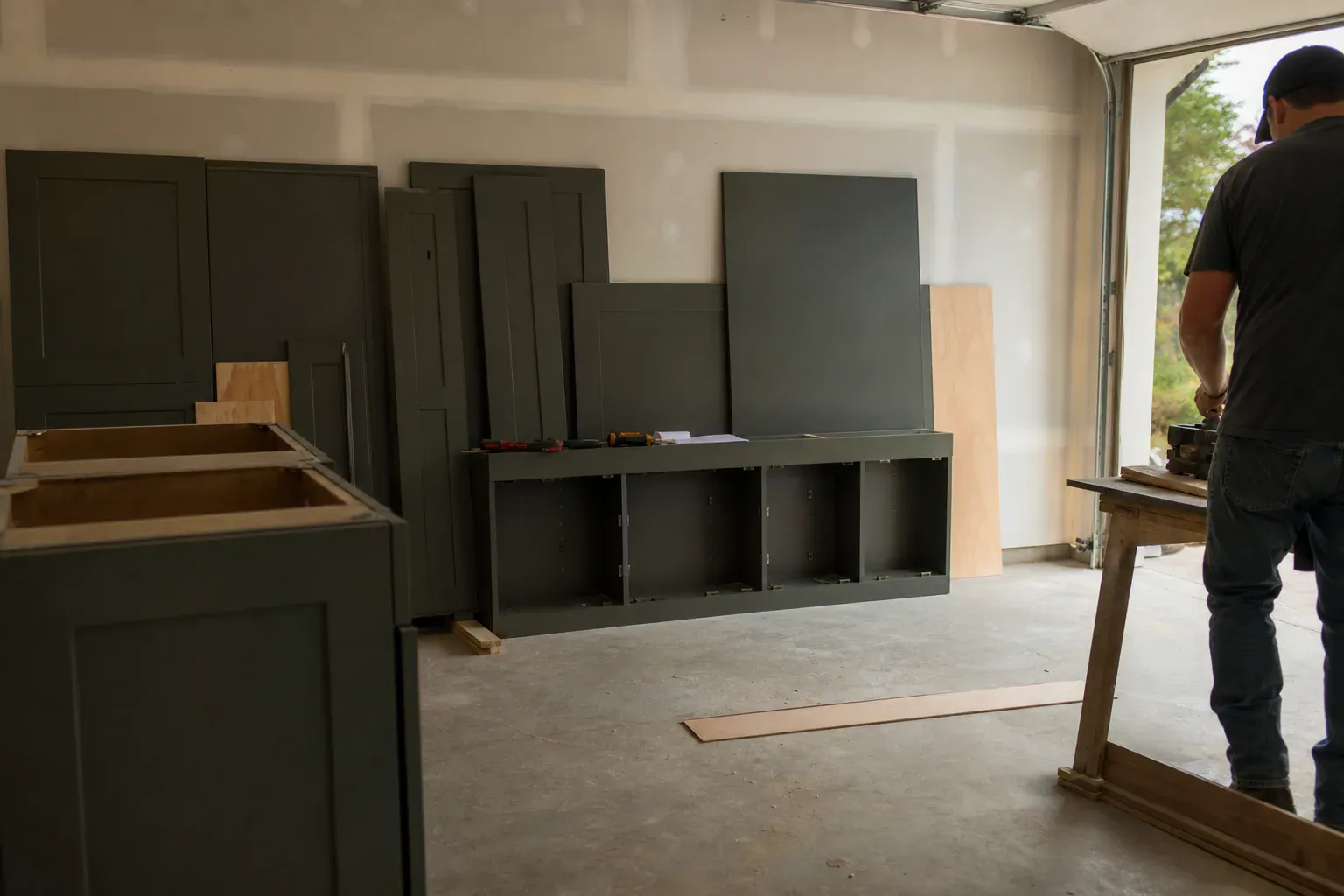 Custom cabinet quote — a garage part-way through the job with materials stacked against the far wall