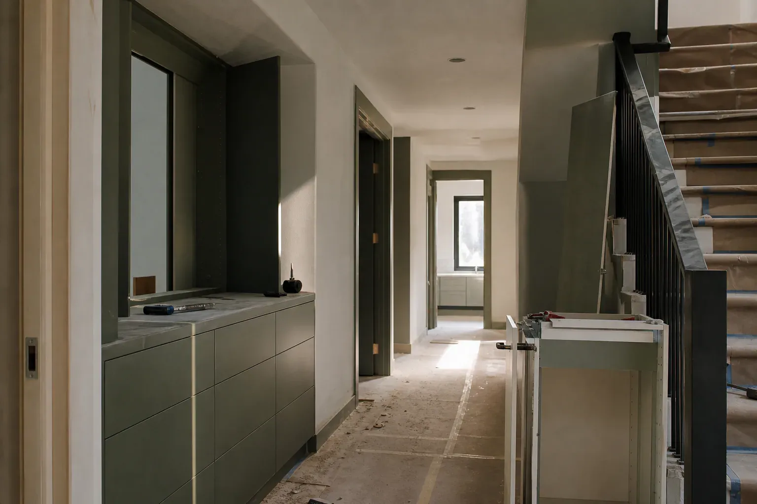 Custom cabinetry — low sun raking down a hallway to show how flat the finished surface is
