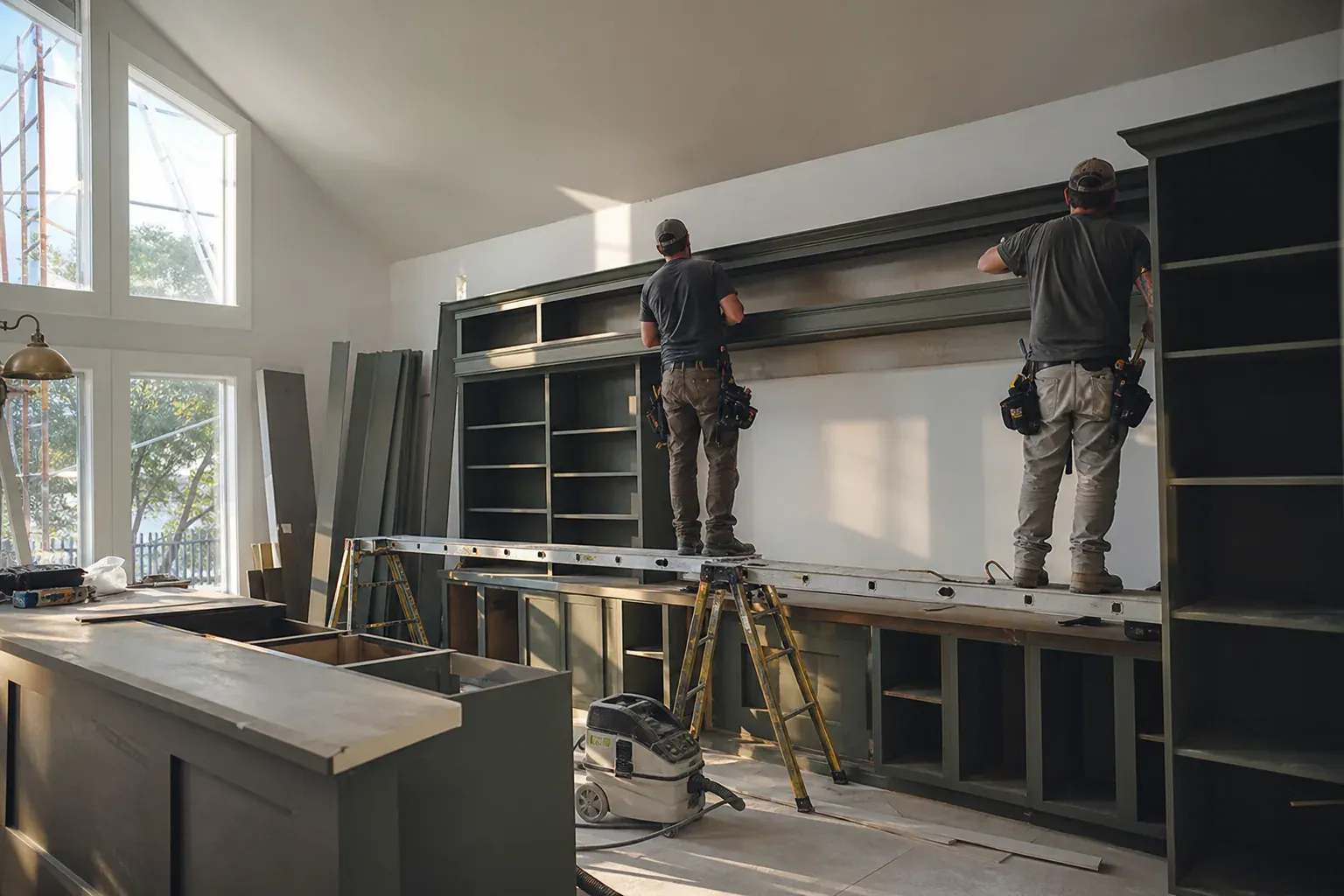 Custom cabinets and shelves — a two-person crew working a tall wall from a low platform in a vaulted room