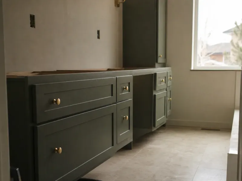 Custom cabinets in Boise Id — a vacuum hose beside a swept floor at the end of a work day