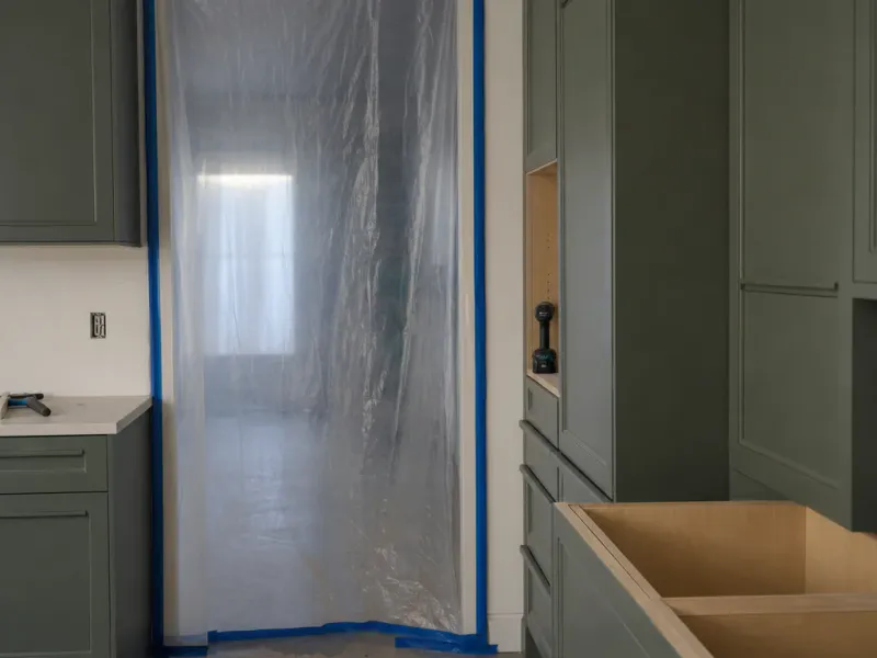 Custom cabinets in Boise Id — plastic sheeting taped neatly over a doorway to keep dust out of the house
