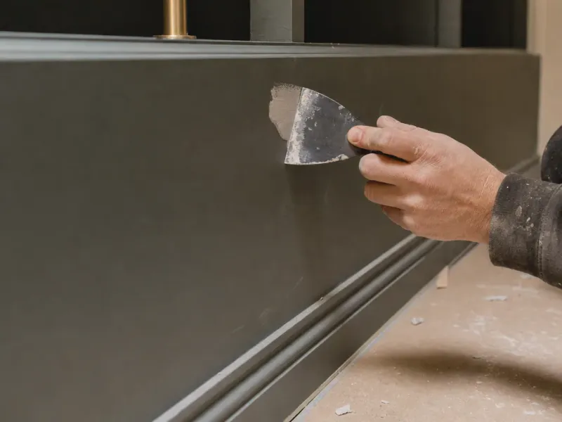 Custom cabinets in Boise Id — a hand smoothing the final skim coat across a small repair