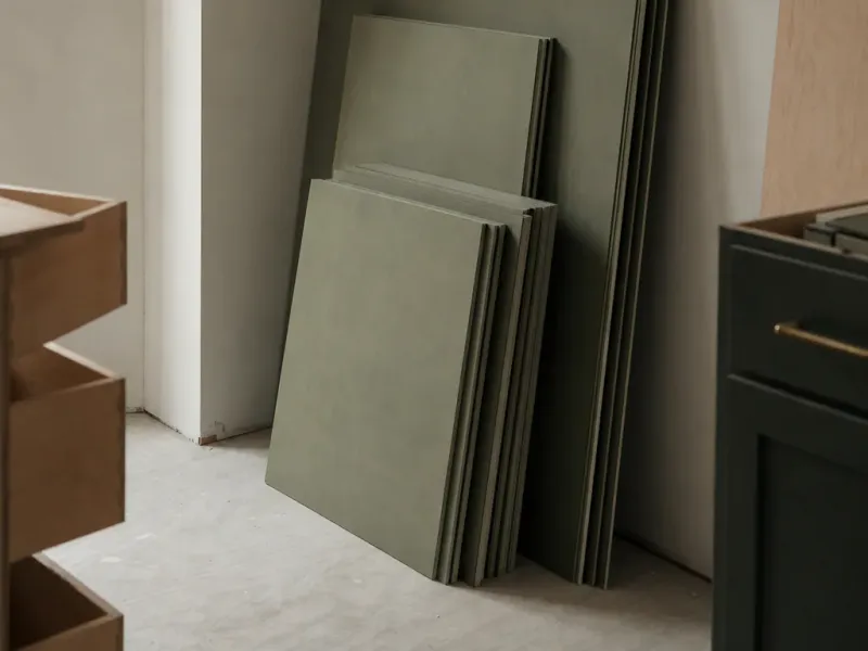 Custom cabinets in Boise Id — material sheets stacked flat and squared against the wall of an empty room