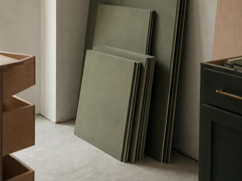 Custom cabinets in Boise Id — material sheets stacked flat and squared against the wall of an empty room