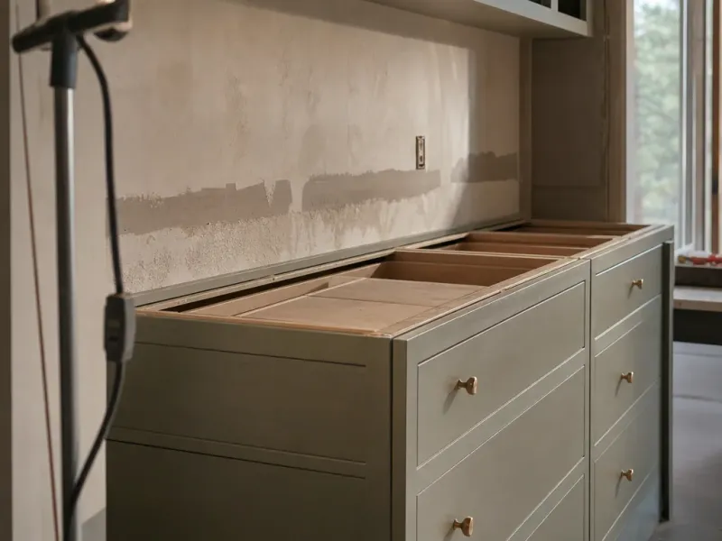 Custom cabinets in Boise Id — a work light throwing raking light across a wall to reveal every high spot