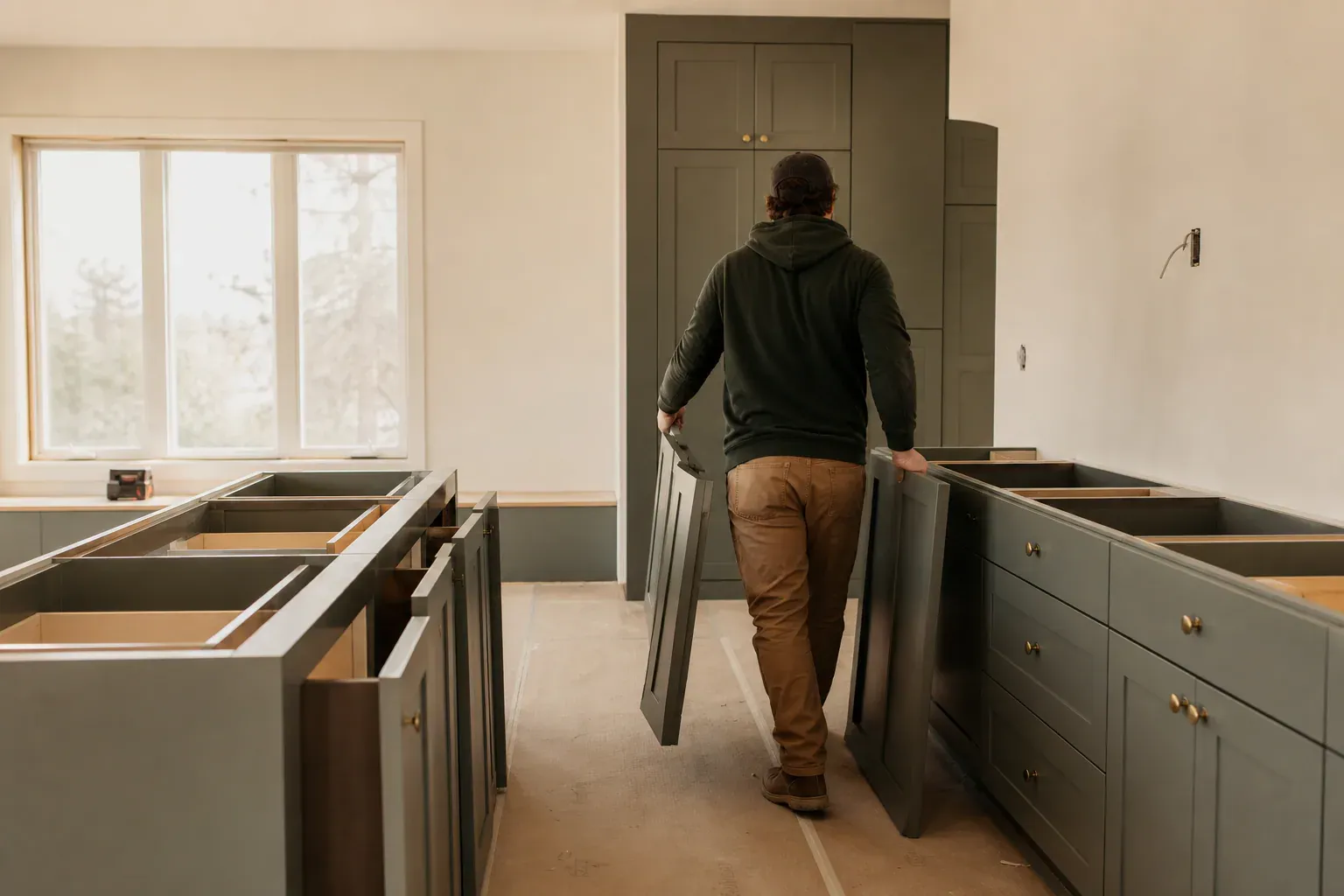 Custom cabinets doors — a tradesperson seen from behind smoothing a long wall seam