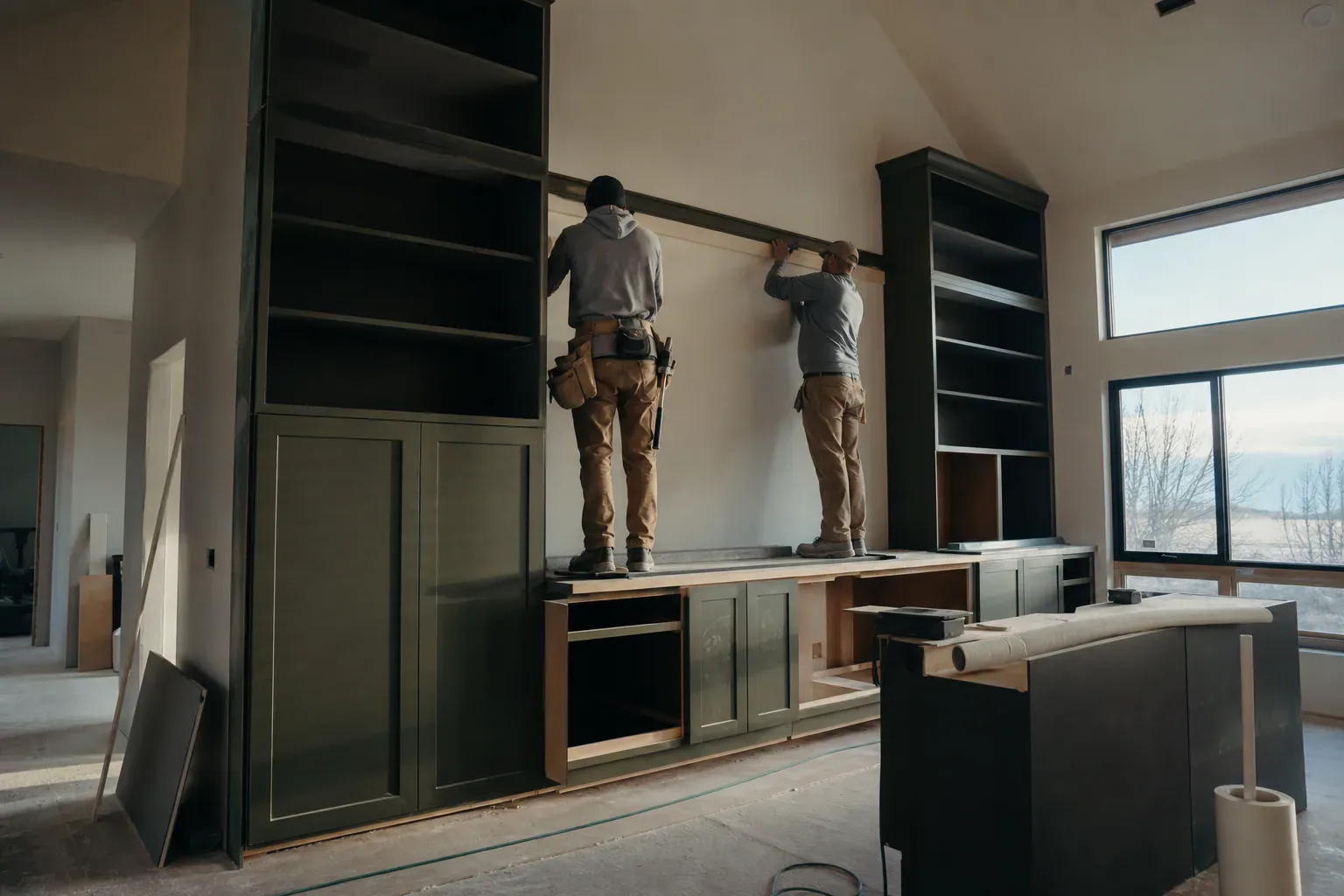 Custom cabinets in Eagle Id — a two-person crew working a tall wall from a low platform in a vaulted room