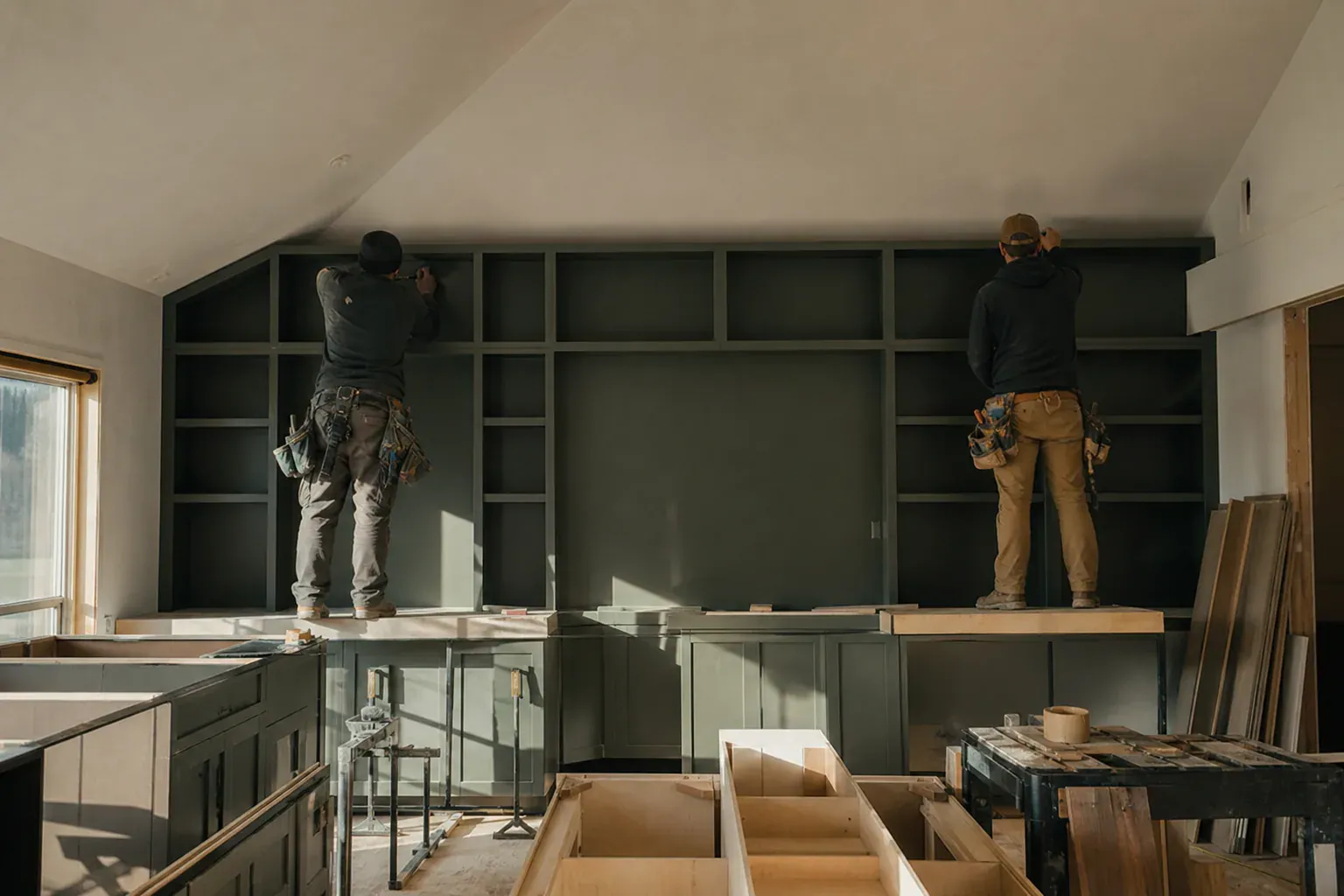 Custom cabinets in Emmett Id — a two-person crew working a tall wall from a low platform in a vaulted room