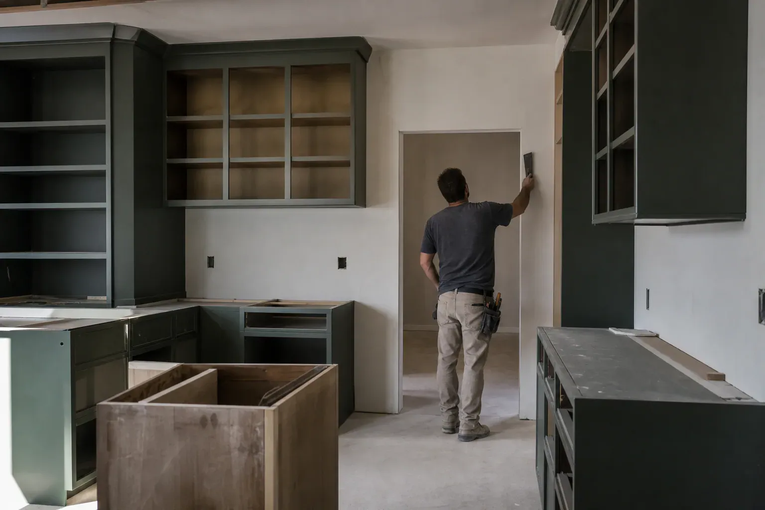 Custom cabinets installation — a tradesperson seen from behind smoothing a long wall seam
