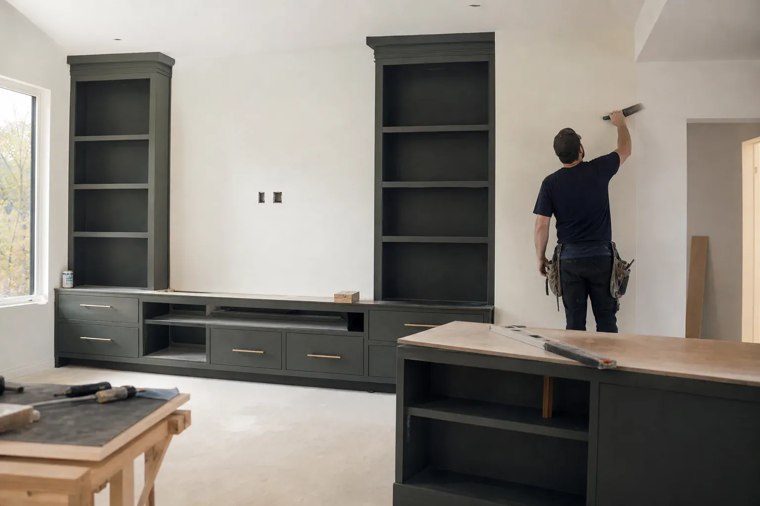 Custom cabinets living room — a tradesperson seen from behind smoothing a long wall seam