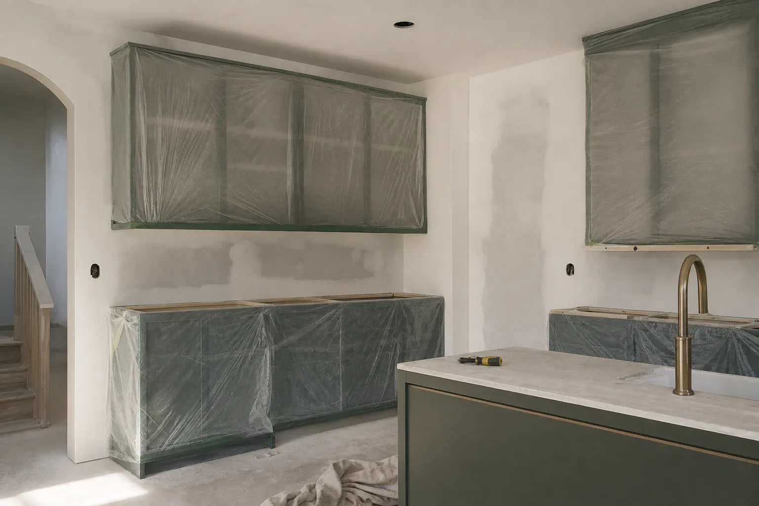 Custom cabinets in Meridian Id — a rebuilt kitchen wall section blended into the surrounding surface