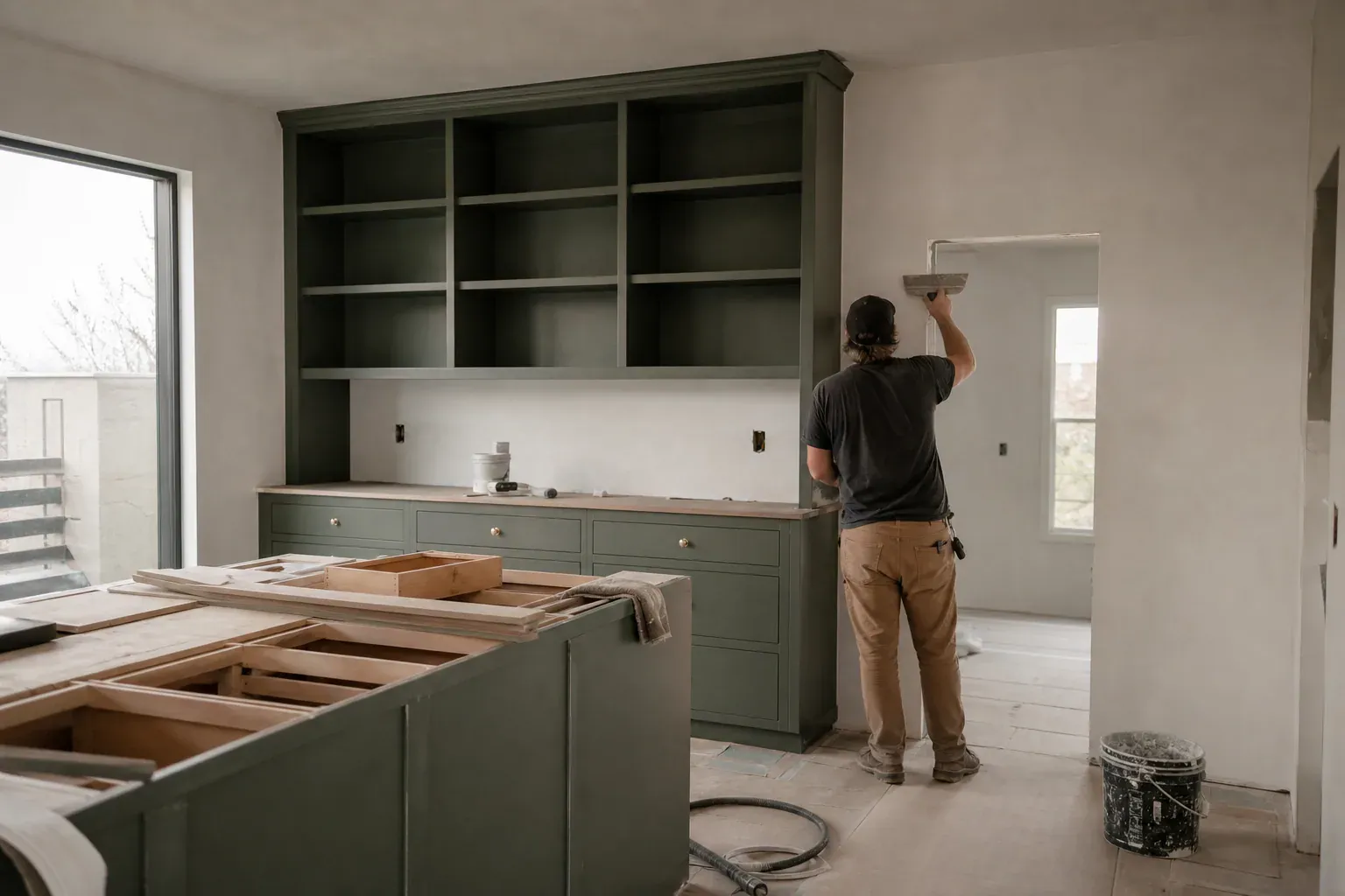 Custom cabinets in Star Id — a tradesperson seen from behind smoothing a long wall seam
