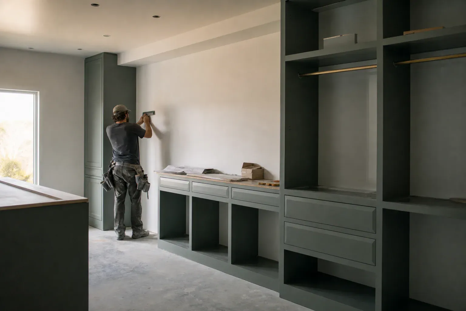Custom closet cabinets — a tradesperson seen from behind smoothing a long wall seam