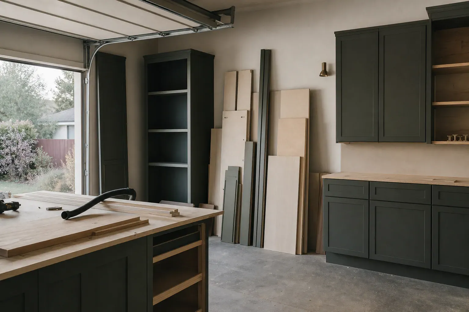 Custom garage cabinets — a garage part-way through the job with materials stacked against the far wall