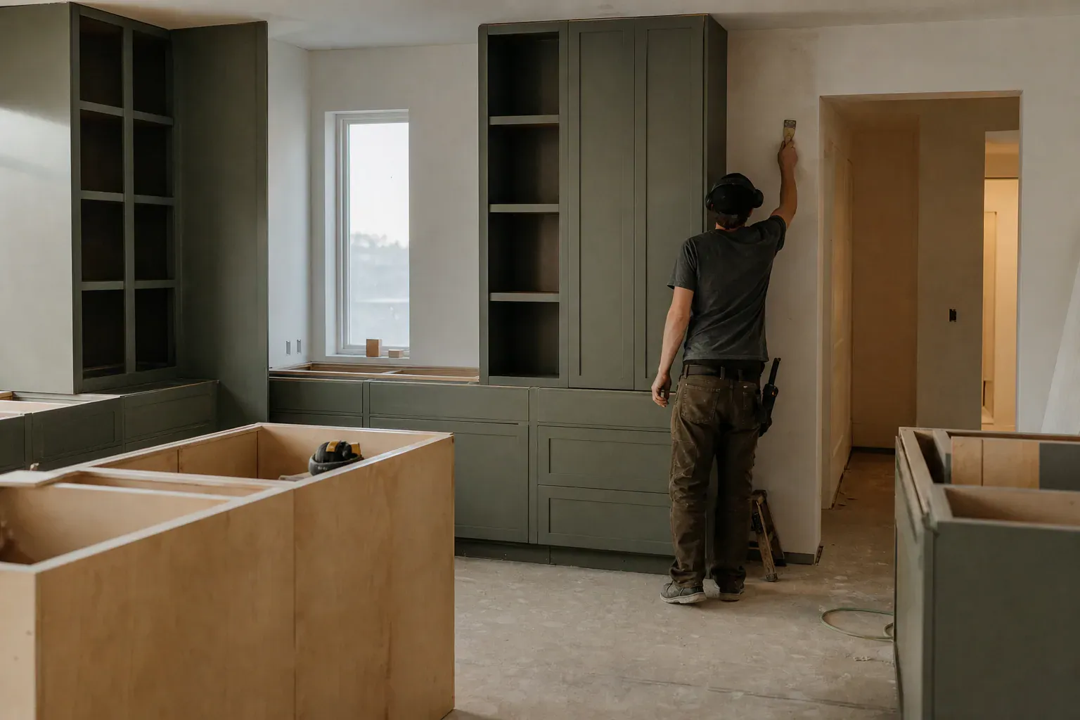 Custom maple cabinets — a tradesperson seen from behind smoothing a long wall seam