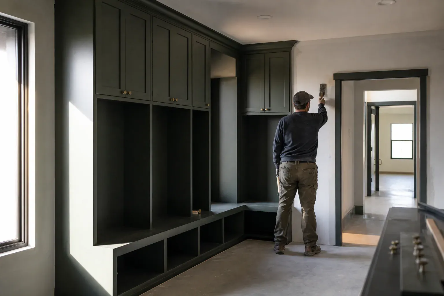 Custom mudroom cabinets — a tradesperson seen from behind smoothing a long wall seam