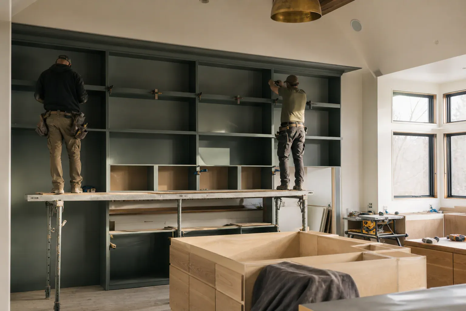 Frameless cabinets — a two-person crew working a tall wall from a low platform in a vaulted room