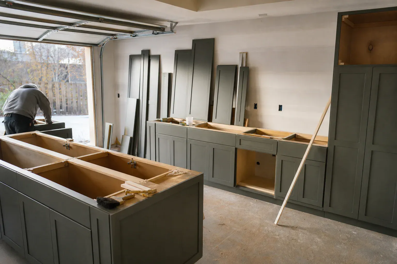 Kitchen cabinets installation cost — a garage part-way through the job with materials stacked against the far wall