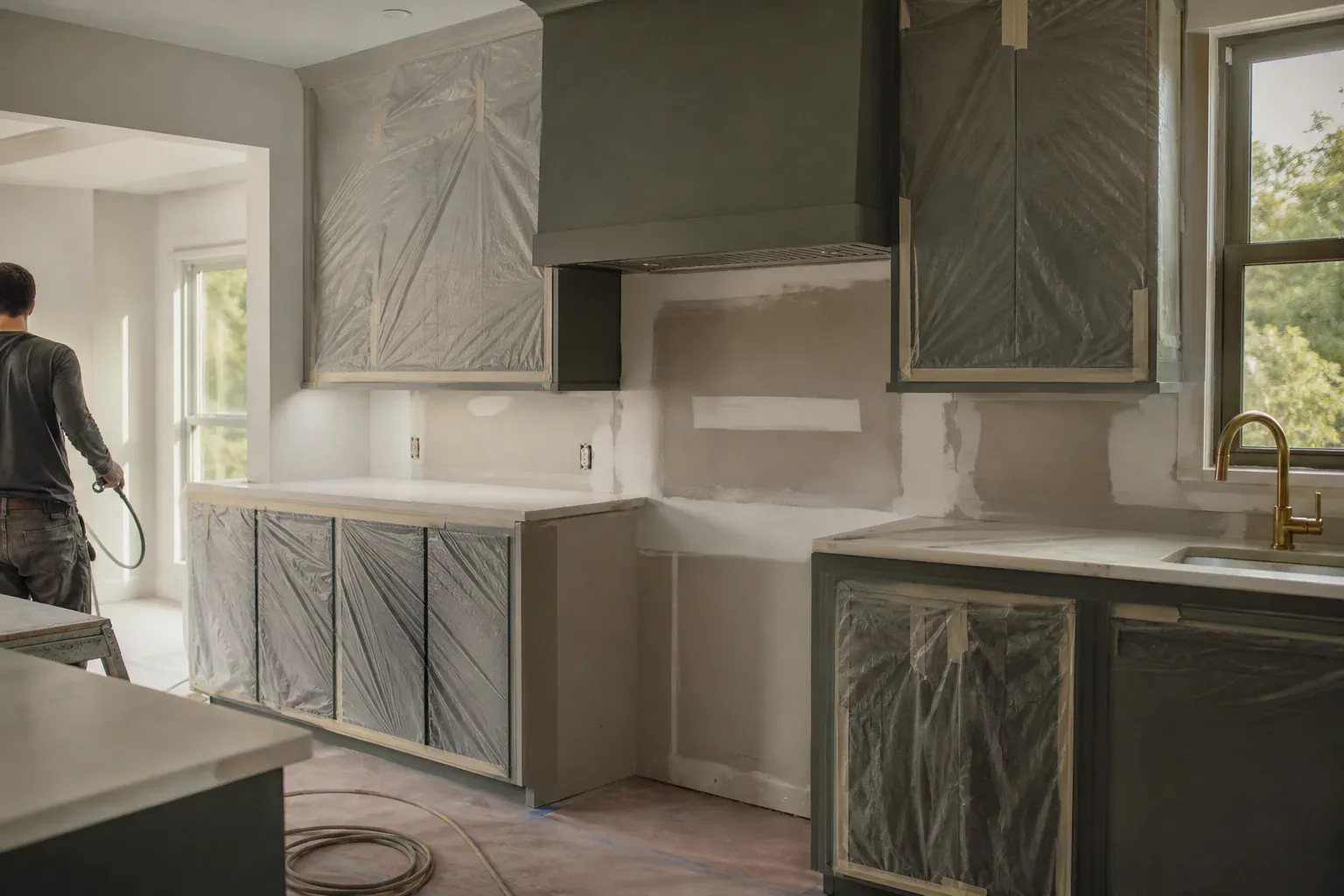 Kitchen cabinets repair — a rebuilt kitchen wall section blended into the surrounding surface